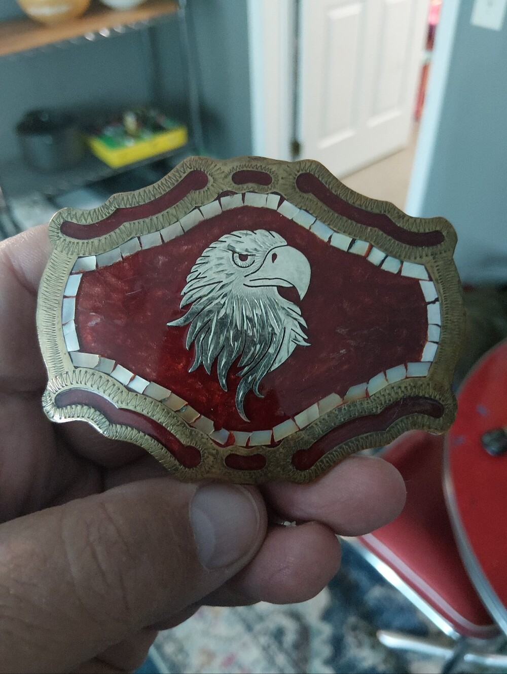 Vintage Eagle Motif Belt Buckle in Deep Red and Brass